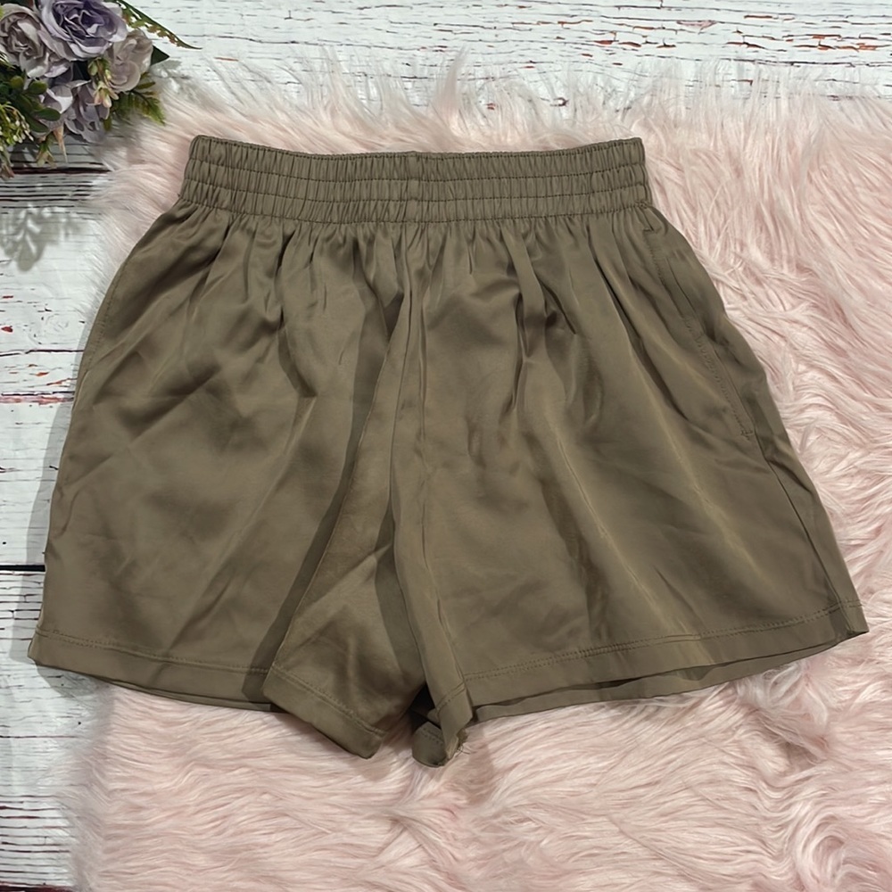 Frankie Shop Tan Satin Elastic Waist High Rise Shorts